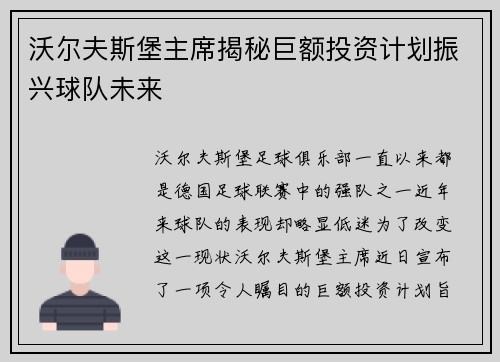 沃尔夫斯堡主席揭秘巨额投资计划振兴球队未来